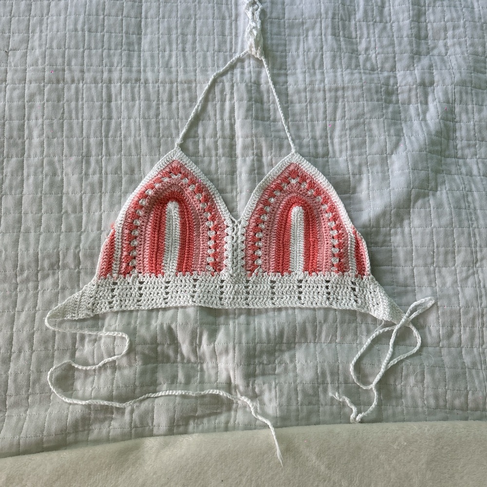 Edikted Pink and White Crochet Halter Top